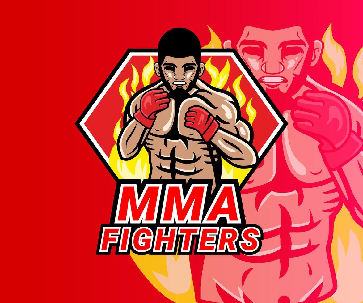 A powerful MMA fighter logo, showcasing a strong athlete in action, engulfed in flames. The design is bold and dynamic. vector