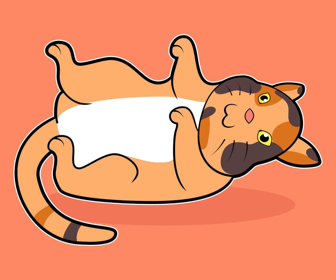 A cheerful cartoon illustration of an orange tabby cat playfully lying on its back. vector