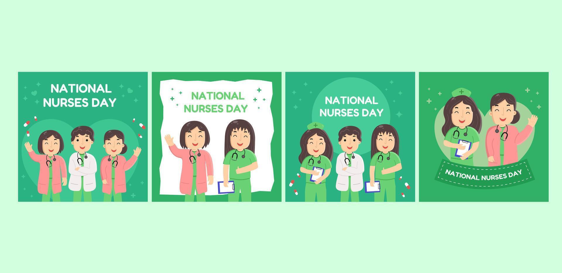 Four delightful illustrations celebrating National Nurses Day, featuring cute cartoon nurses in various poses. Show your appreciation for these healthcare heroes vector