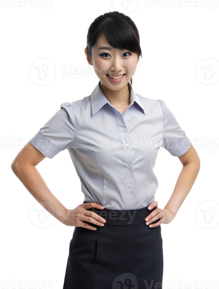 An Asian young woman, wearing a white shirt and a black skirt, smiling and looking directly at the camera. She put her hands on her hips png