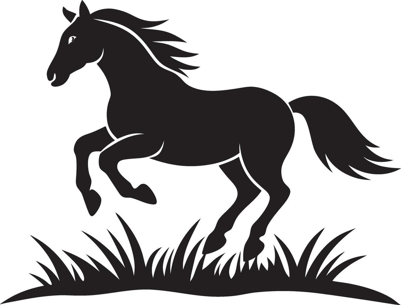 black silhouette of a horse running in the grass vector