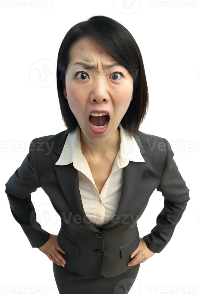 Close-up of an office lady shouting, She put her hands on her hips isolated on a transparent background png