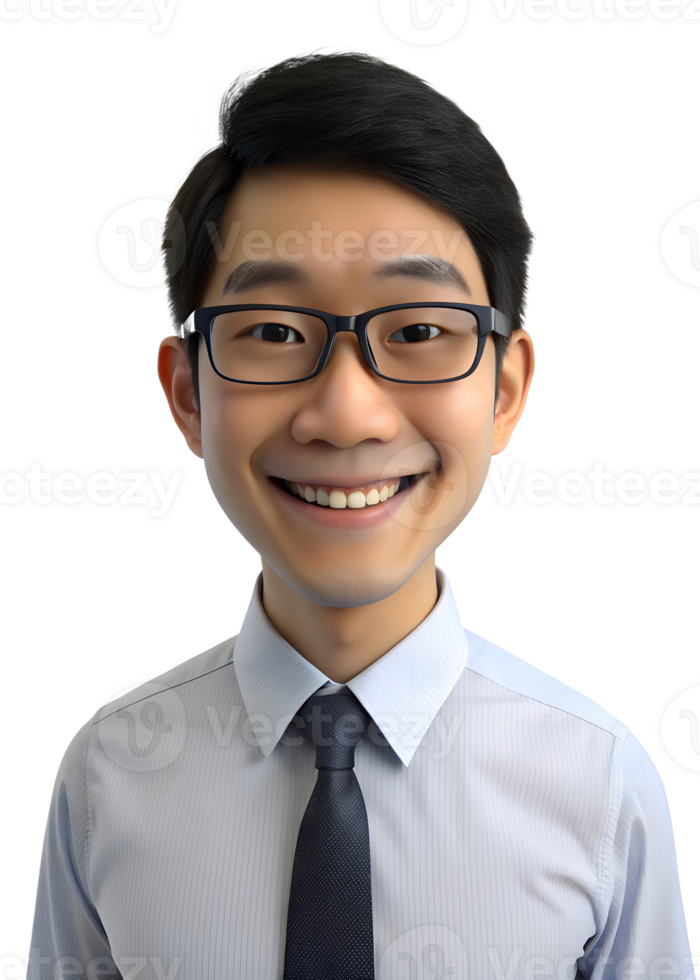 3d style illustration of asian man in office worker uniform in glasses with smile isolated on transparent background png