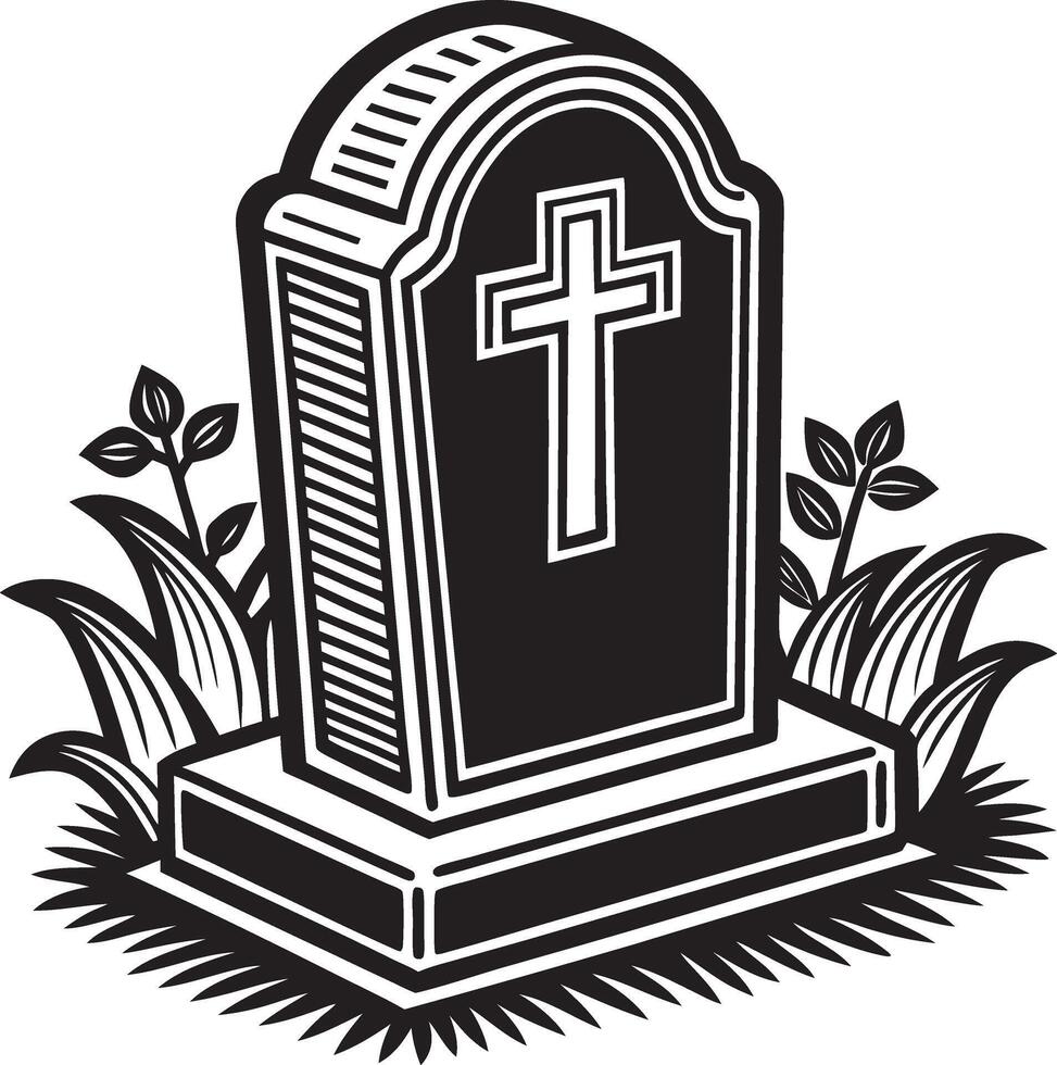 a black and white image of a grave with a cross on it vector