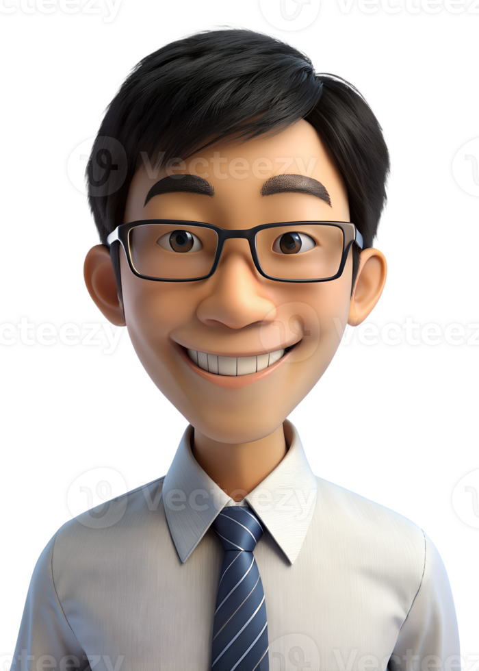3d style illustration of asia man in office worker uniform in glasses with smile isolated on transparent background png