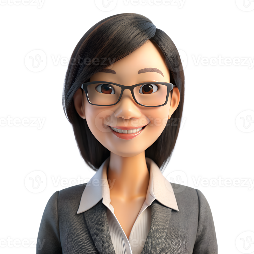 3d style illustration of asia woman in office worker uniform in glasses with smile isolated on transparent background png