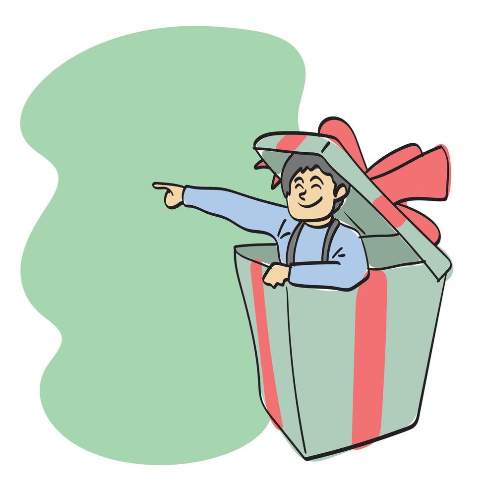boy in a big gift box pointing on green blank space illustration hand drawn isolated on white background vector