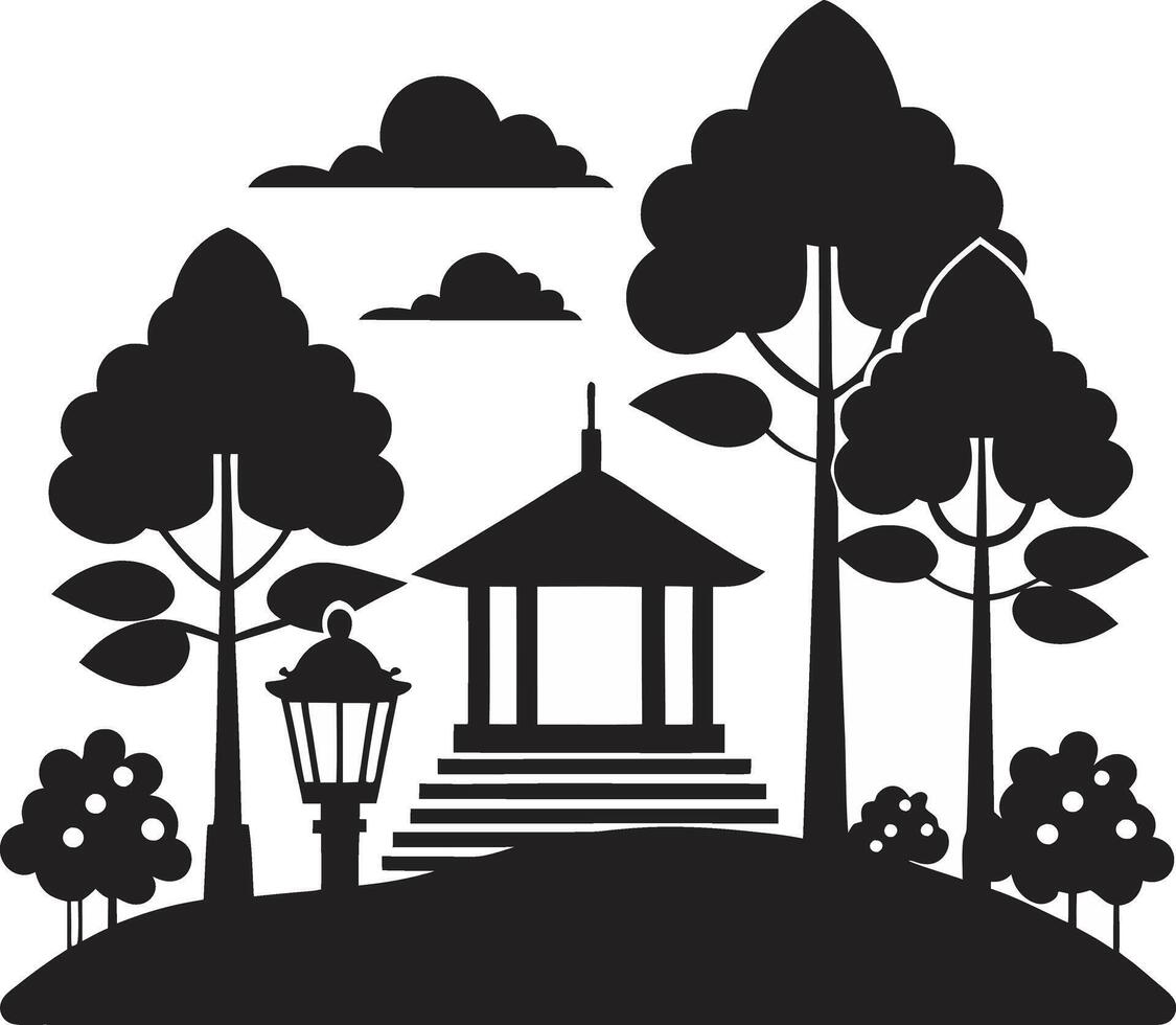 silhouette of a gazebo in the park with trees and a lamp post vector