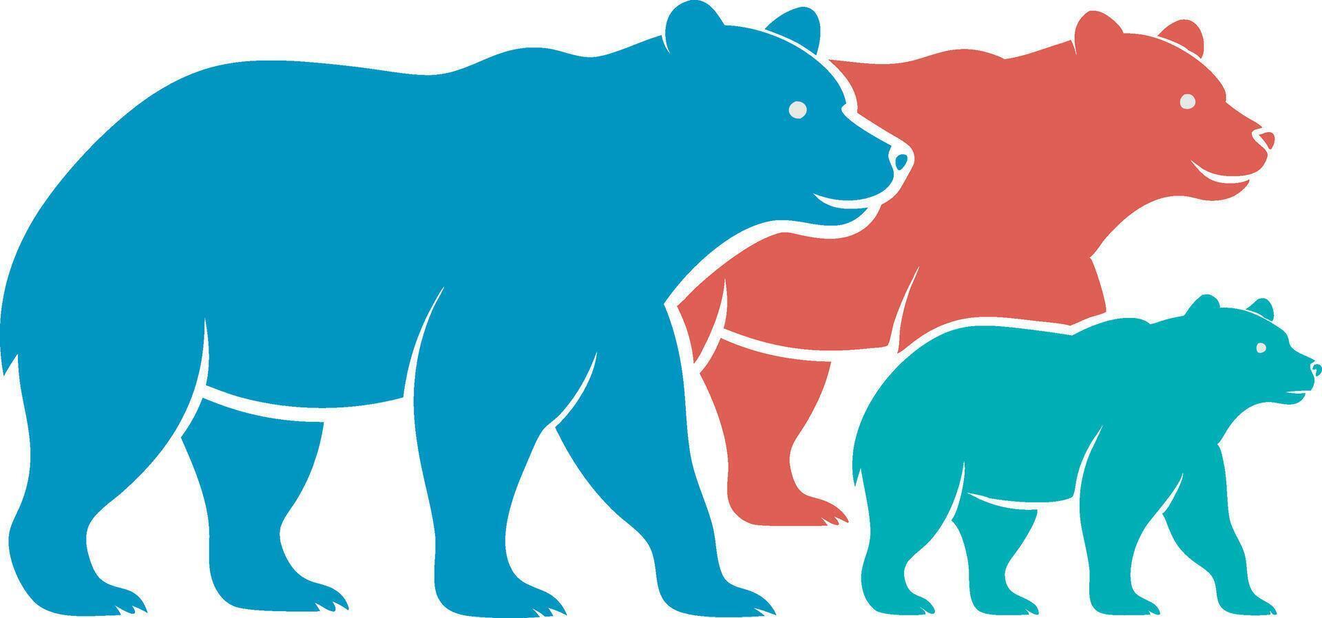 three bears in different colors on a white background vector
