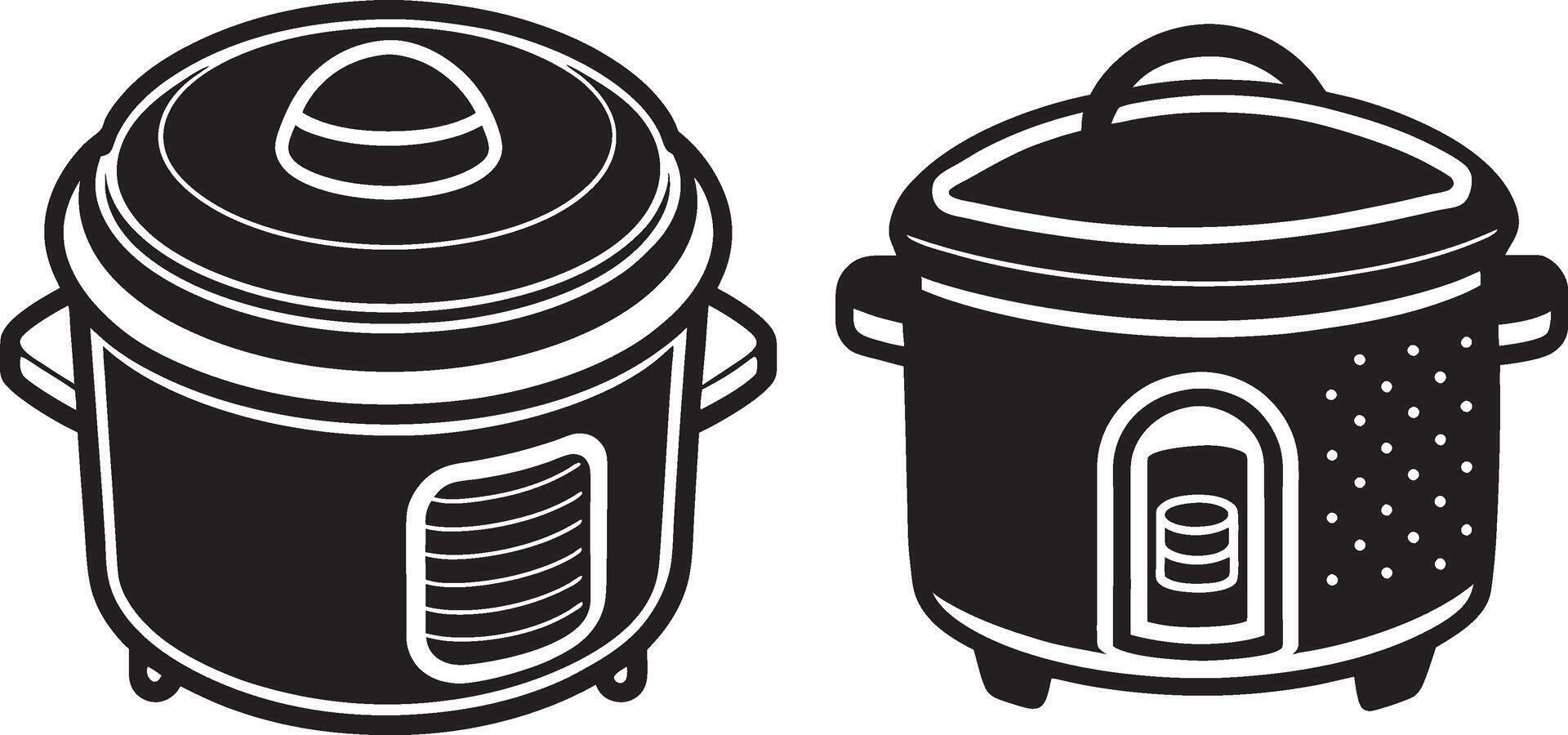 a set of two black and white icons of a rice cooker and a pot vector