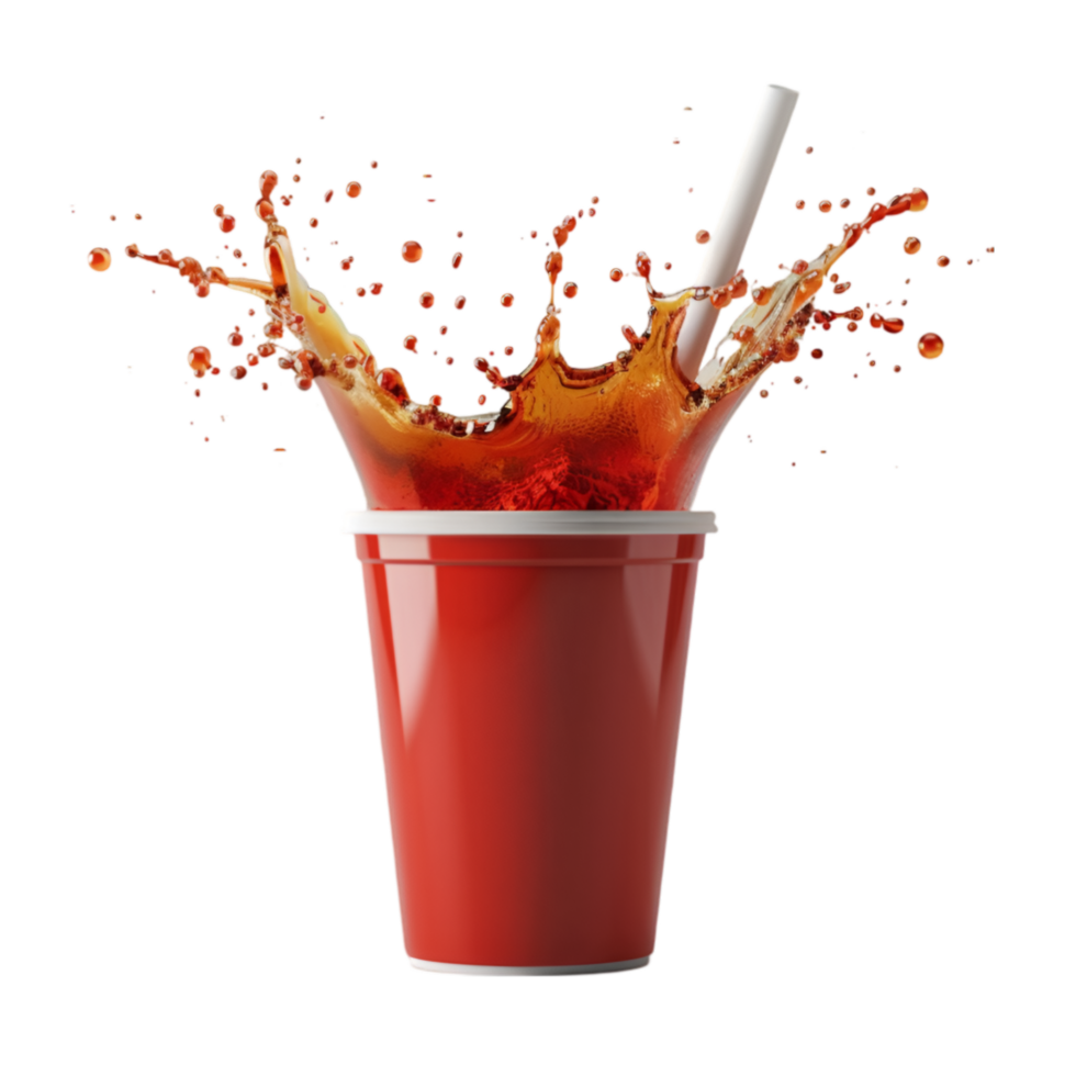 A red cup with a straw and liquid splashing png