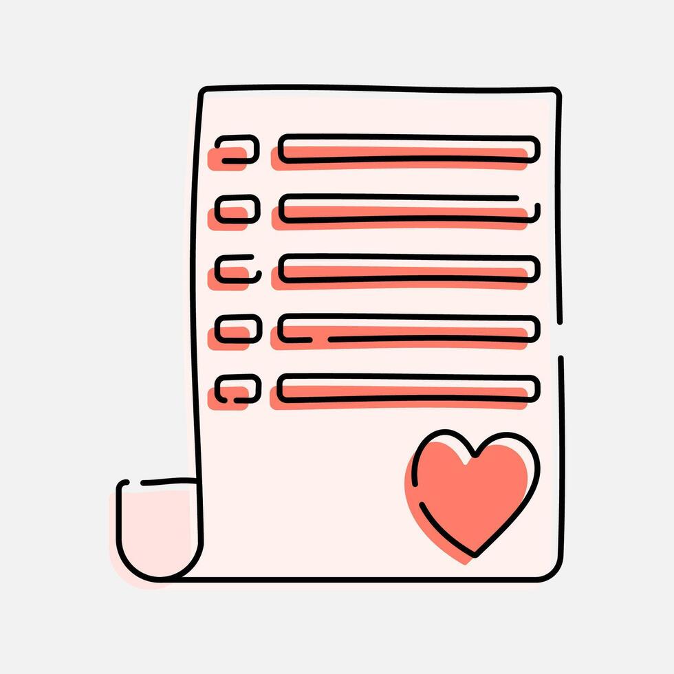 Receipt with Heart Doodle Icon Illustration, soft colour palette in Hand drawn style. Perfect for promoting holiday sales and shopping events. vector