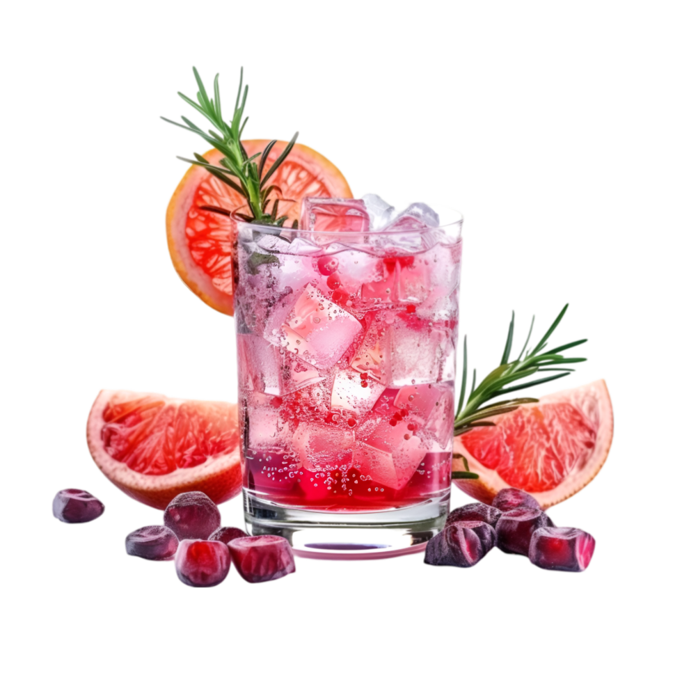 A glass of pink grapefruit juice with rosemary png