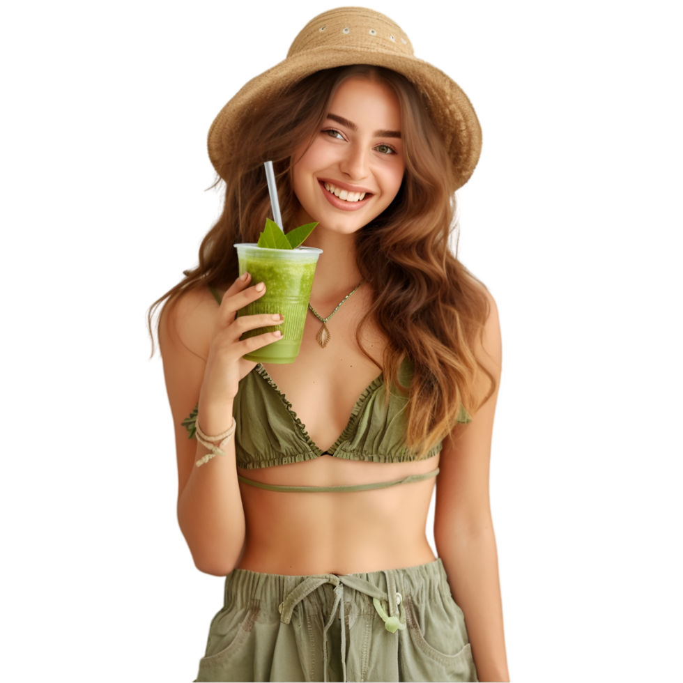 A woman in a bikini holding a green smoothie png