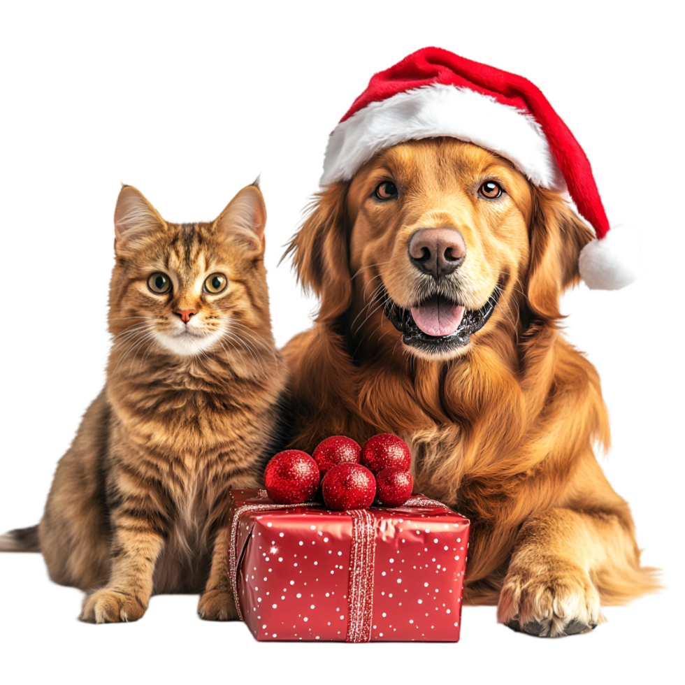 A cat and dog sitting next to a christmas gift png
