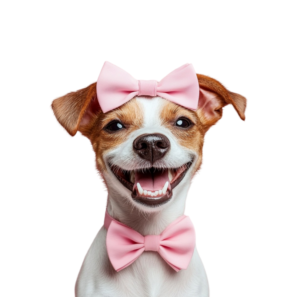 A dog wearing a pink bow tie and smiling png