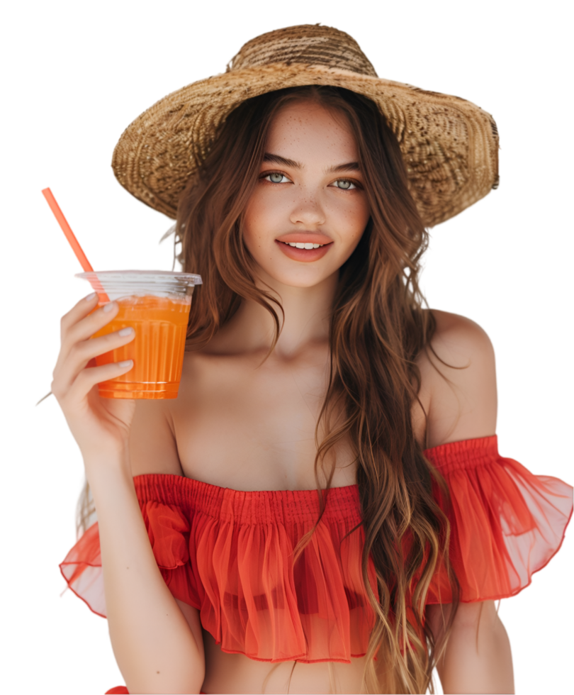 A woman in a straw hat and red bikini holding a drink png