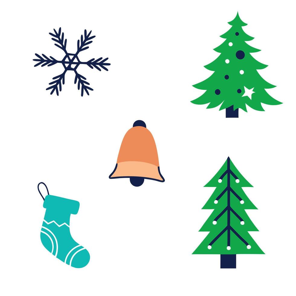 Christmas icons set with snowflakes, trees and other items vector