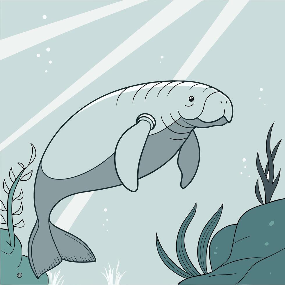 A manatee swimming in the ocean with plants and algae vector
