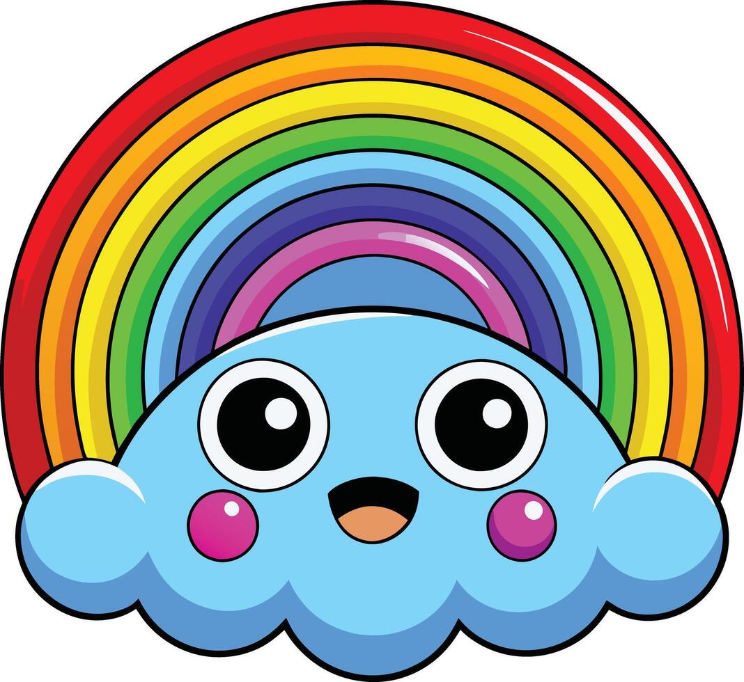 A cartoon cloud with a rainbow behind it vector