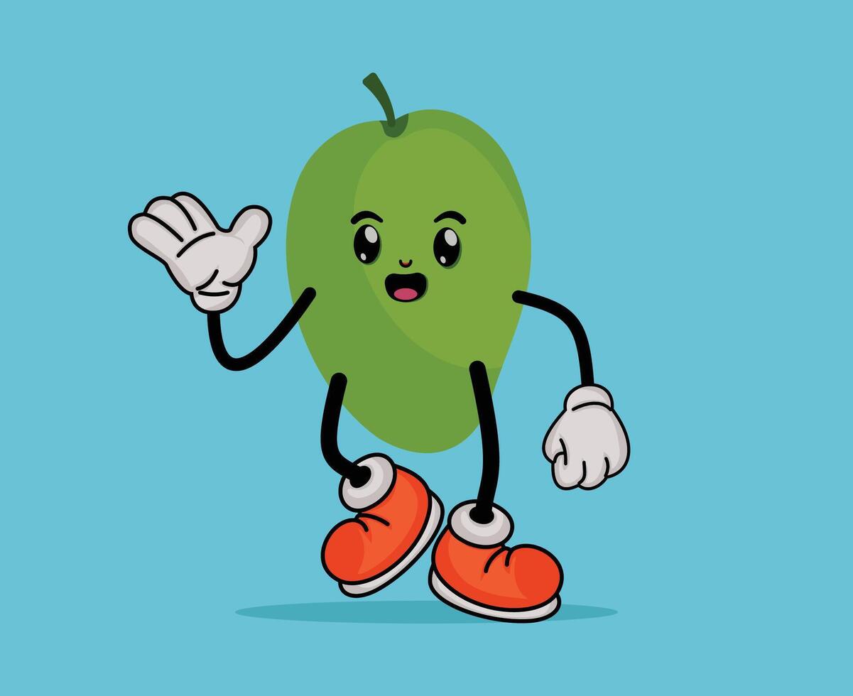 Mascot Happy Mango Design Waving Hand with Happy Expression in Flat Cute Cartoon Style or Fruit Summer Concept vector