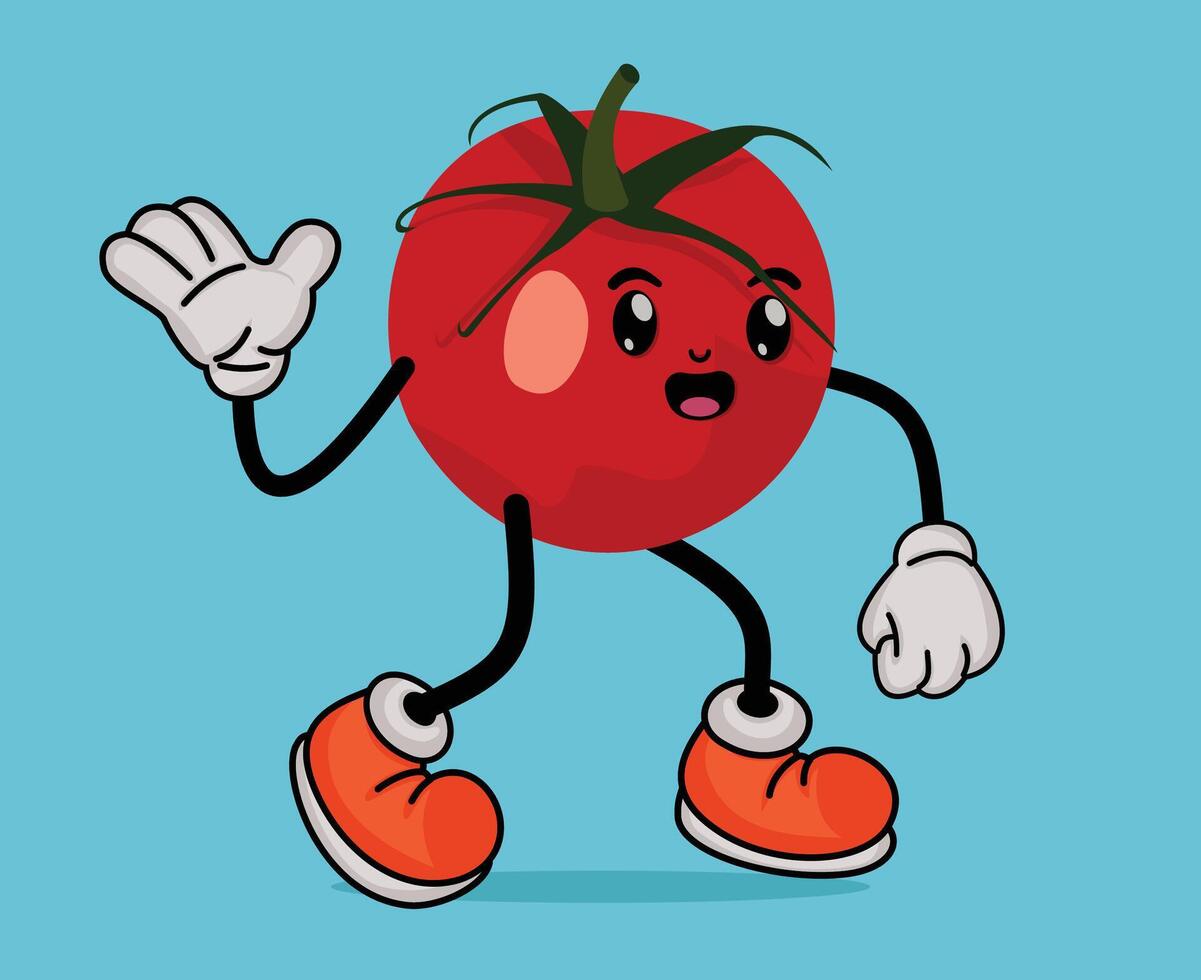 Tomato Fruit Cartoon Mascot Waving Hand with Happy Expression in Flat Cute Cartoon Style or Tomato Fruit Cartoon Mascot with Arms and Legs vector