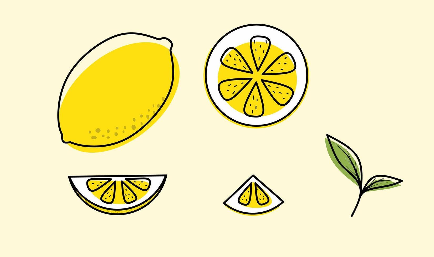 Lemon half, slice and leafs hand drawn illustration vector
