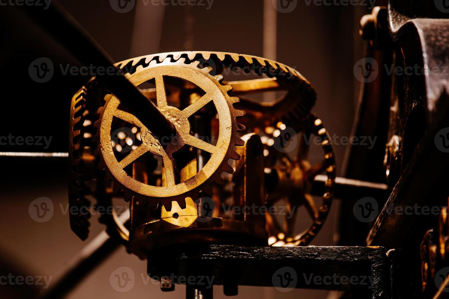 Old clock mechanism, clock gears, close up photo