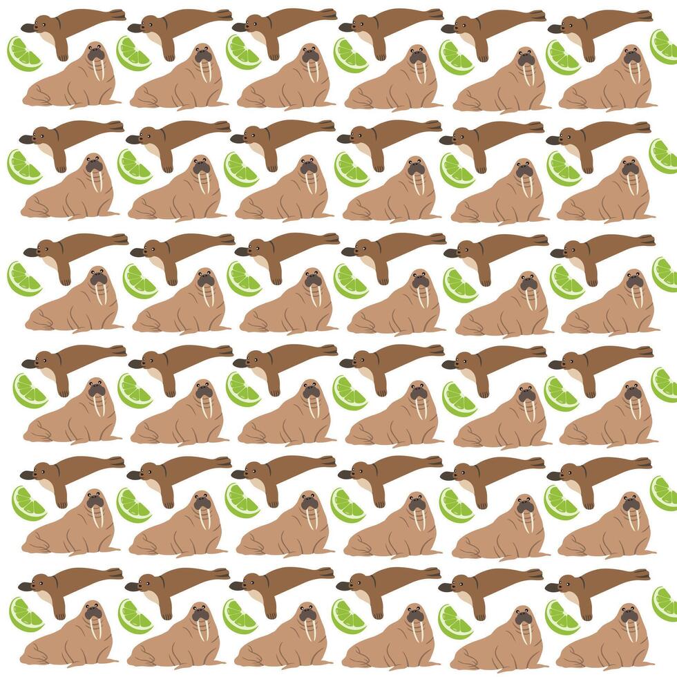 seal, walrus with fruit as a pattern background vector