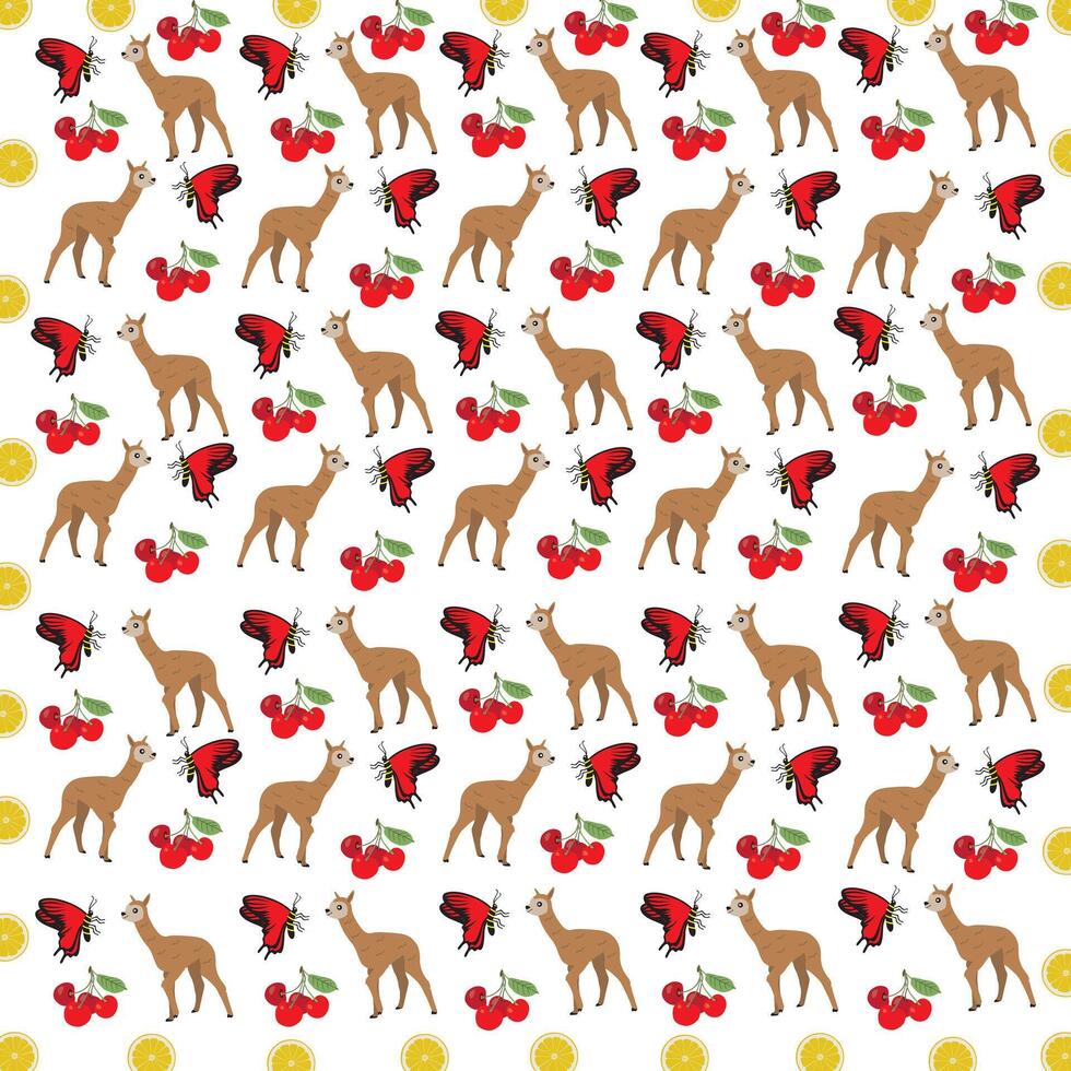 butterfly, alpaca with fruit as a pattern background vector