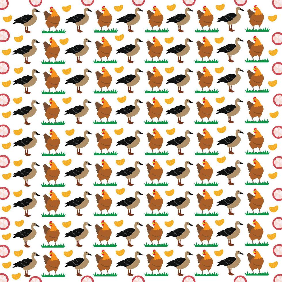 duck, chicken with fruit as a pattern background vector