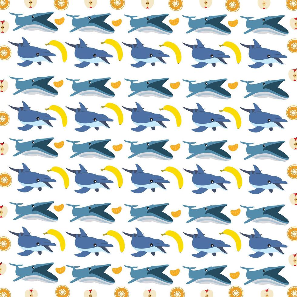 dolphin, whale with fruit as a pattern background vector