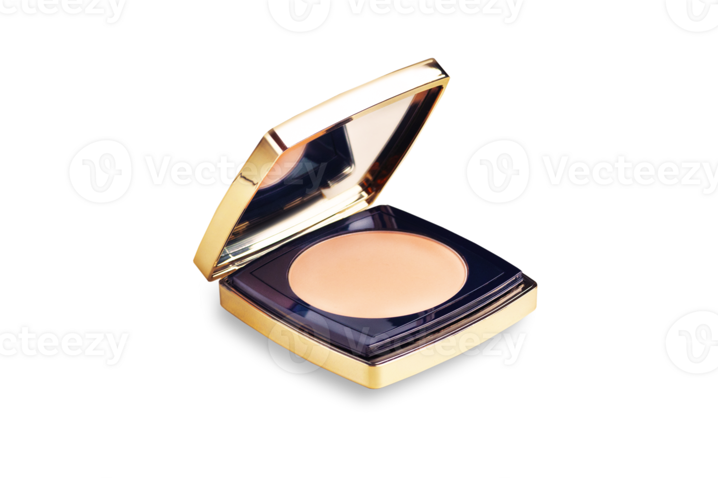 Luxurious compact make up powder, foldable with a mirror. Blue with gold color isolated on white or transparent background close up png