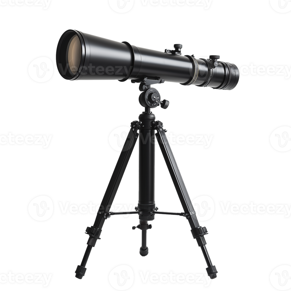Black telescope on a tripod for stargazing and astronomical observations on transparency background . png