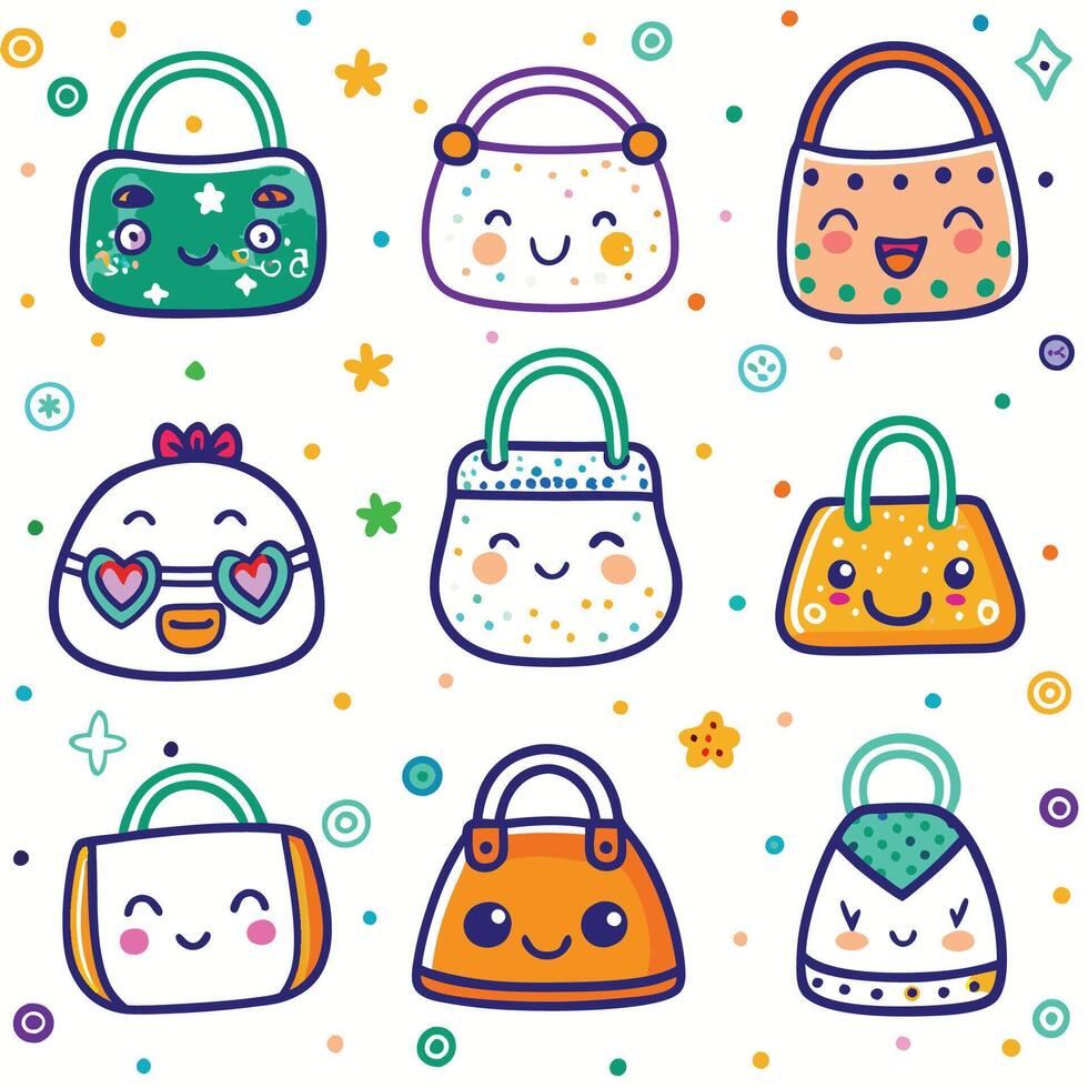handbags and purses set with cute faces vector