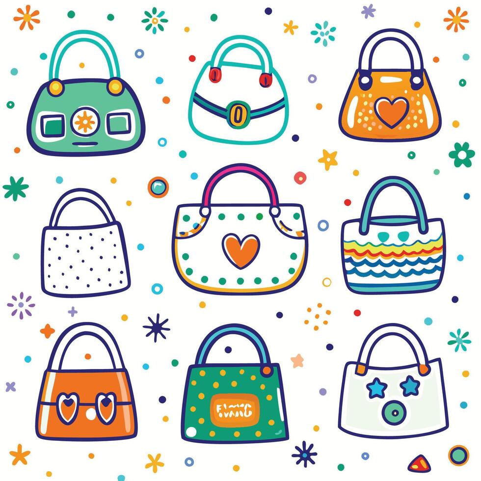 hand drawn collection of handbags and purses vector