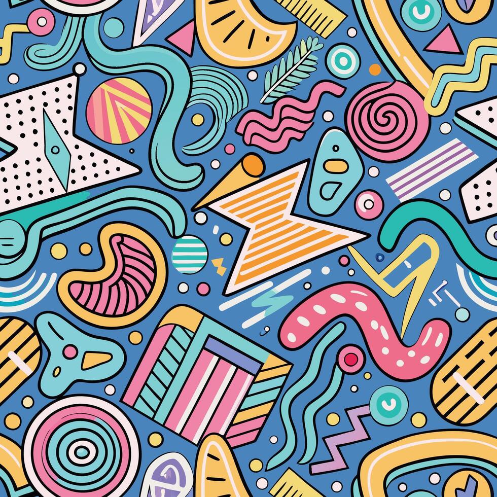 seamless pattern with colorful doodles and shapes vector