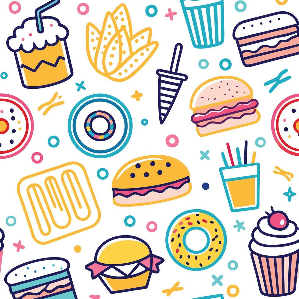 fast food seamless pattern with hamburgers, fries, and drinks vector