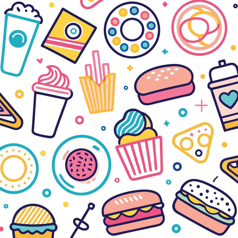 fast food icons and food items in a seamless pattern vector