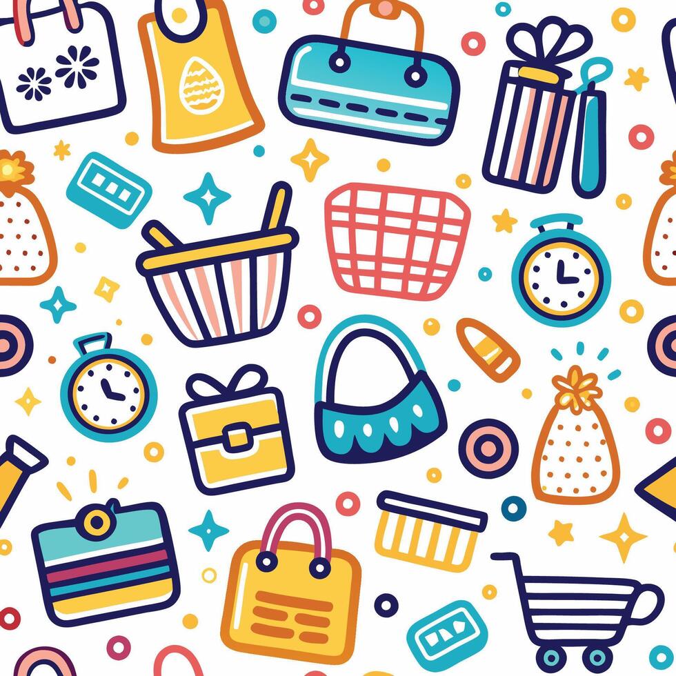 shopping seamless pattern with colorful objects vector