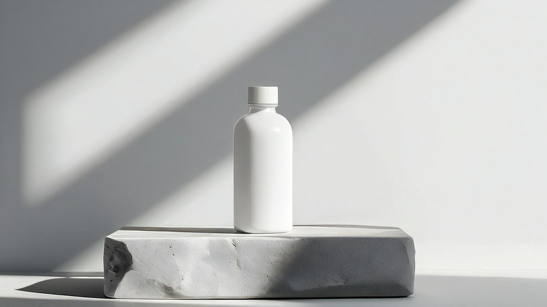 A white bottle of shampoo sits on top of a stone photo