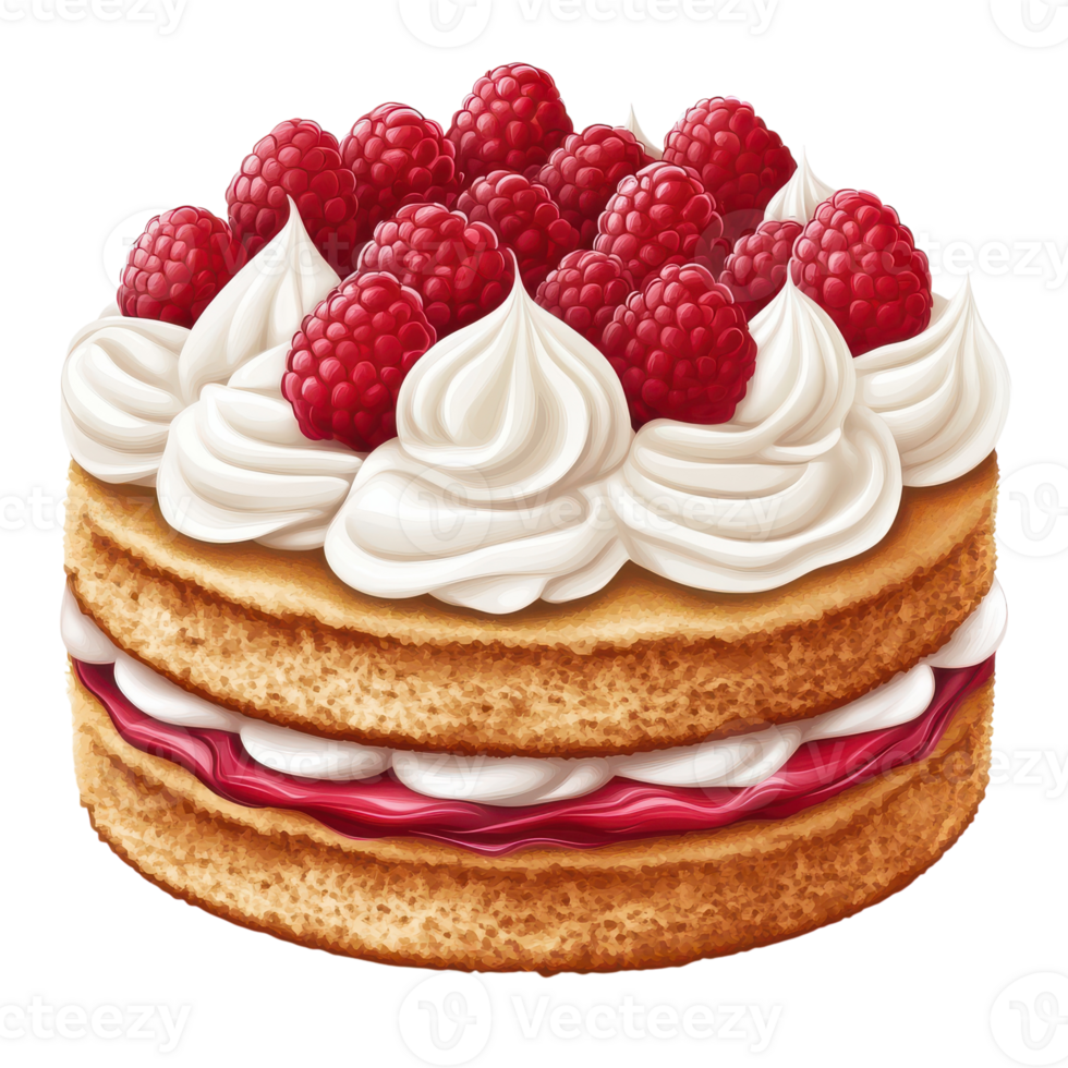 Delicious Victoria Sponge Cake Topped with Whipped Cream and Fresh Raspberries Perfect for Any Celebration or Afternoon Tea Transparent background png