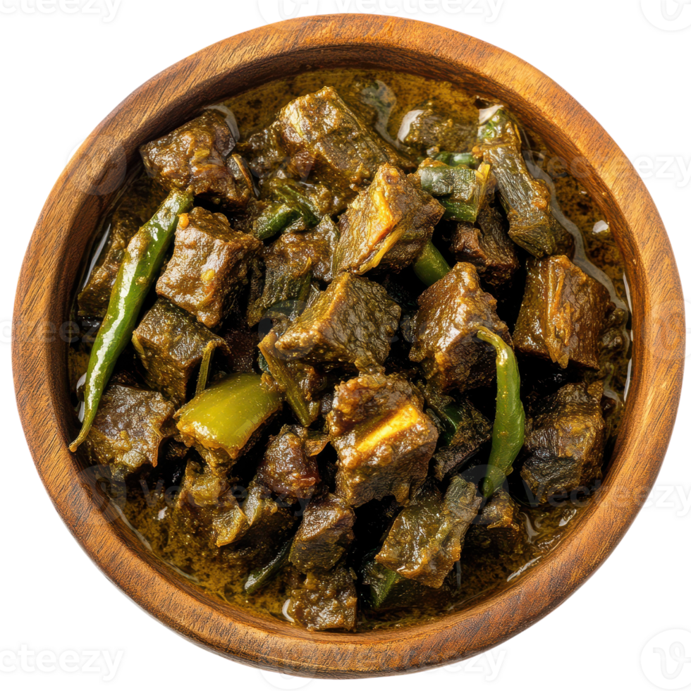A Traditional Bhindi Gosht Salan Served in a Wooden Bowl Perfect for Culinary Enthusiasts and Food Bloggers Seeking Authentic Recipes Transparent background png