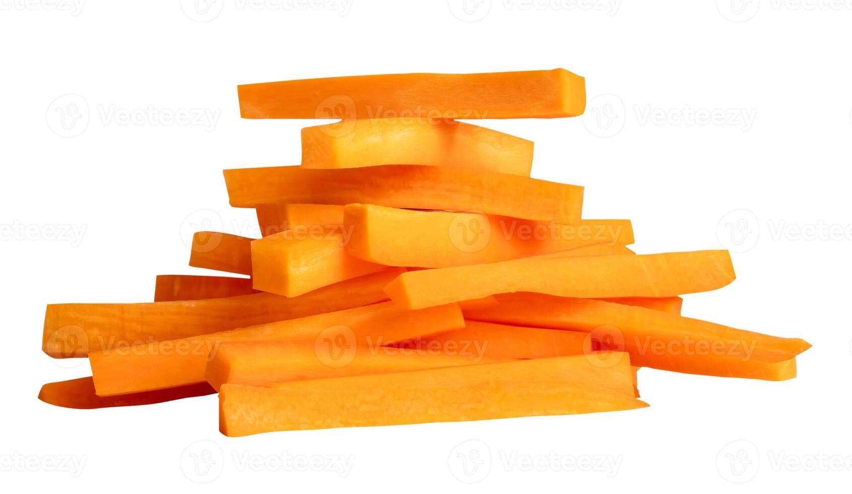 Side view of orange carrot slice or piece in stick shape in stack isolated on white background with clipping path photo