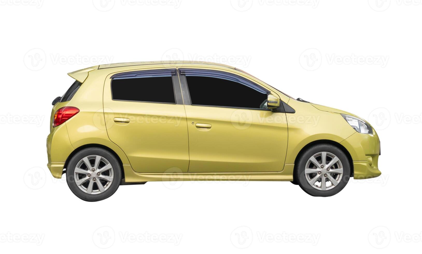 Side view of light green mini or small sports car isolated on white background with clipping path photo