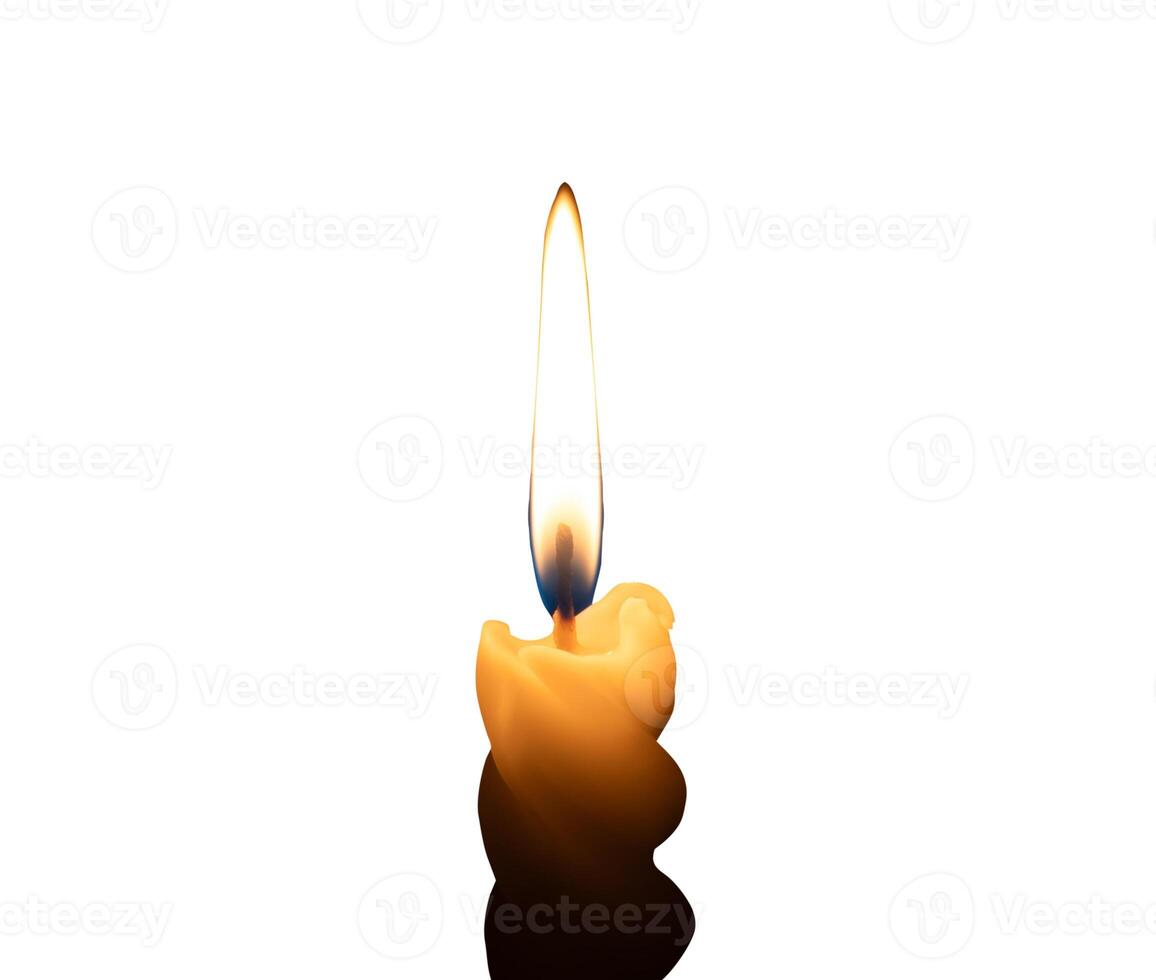 A single burning candle flame or light glowing on a small spiral white candle isolated on white background with clipping path photo