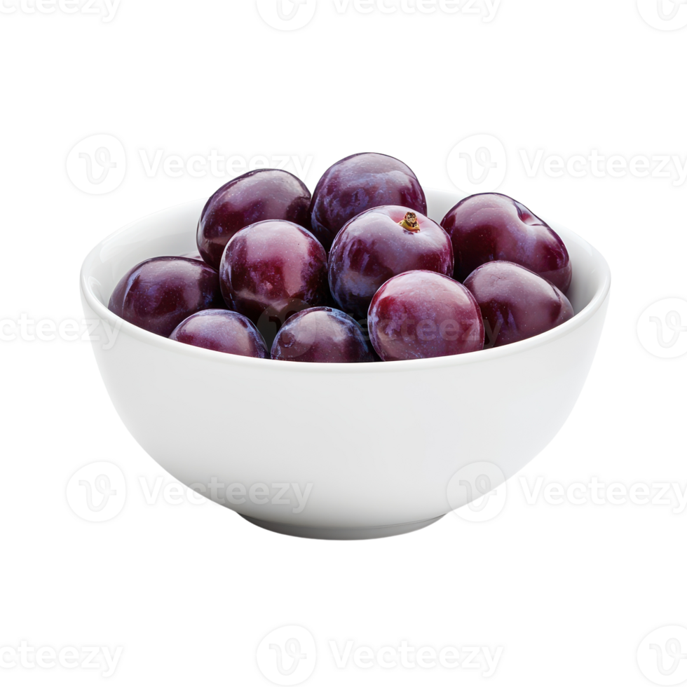 White Ceramic Bowl Filled with Fresh Plums Isolated for Culinary Uses and Food Photography Transparent background png