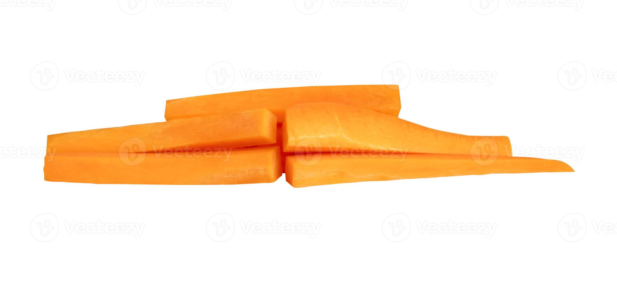 Side view of orange carrot slice or piece in stick shape in stack isolated on white background with clipping path photo