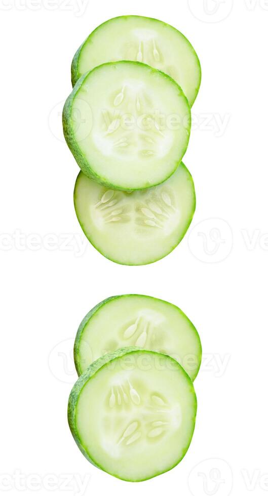 Top view set of green cucumber slices or pieces in stack isolated on white background with clipping path photo