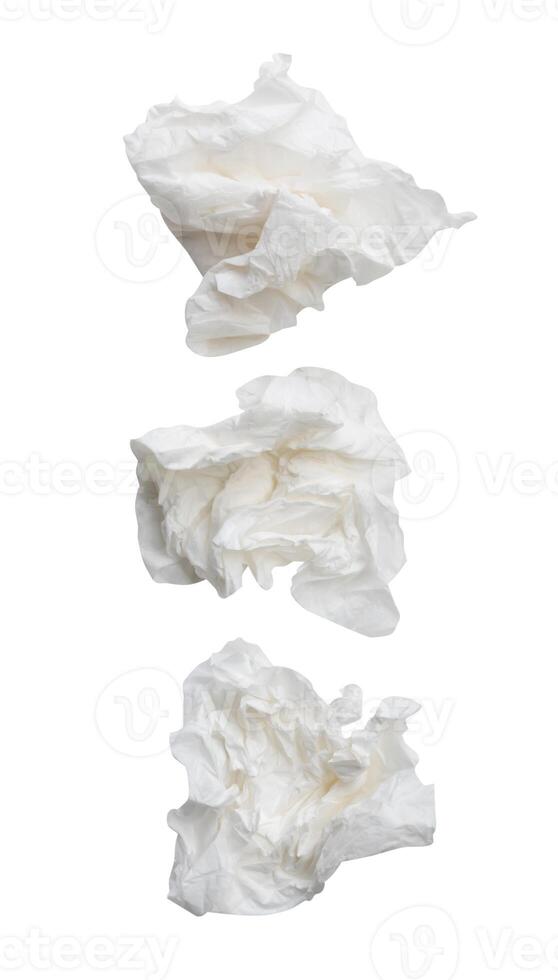 Top view set of screwed or crumpled white tissue paper ball isolated on white background with clipping path photo